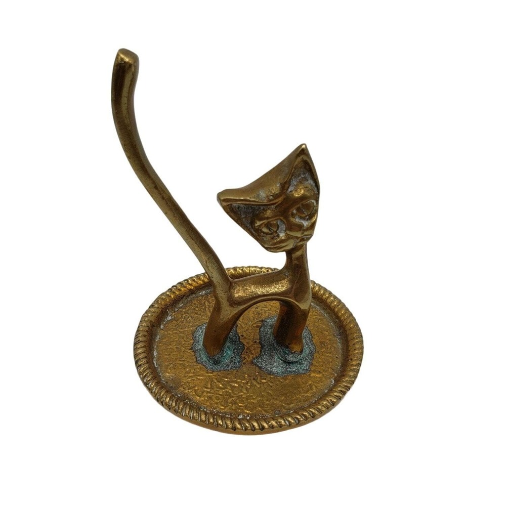 Vintage Brass Cat Ring Jewelry Holder With Patina On Circular Base